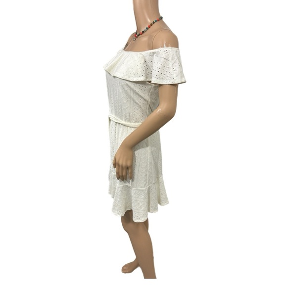 BCBGeneration Ruffled Off Shoulder Eyelet Mini Dress Womens Sz M Cottage White - Picture 5 of 11